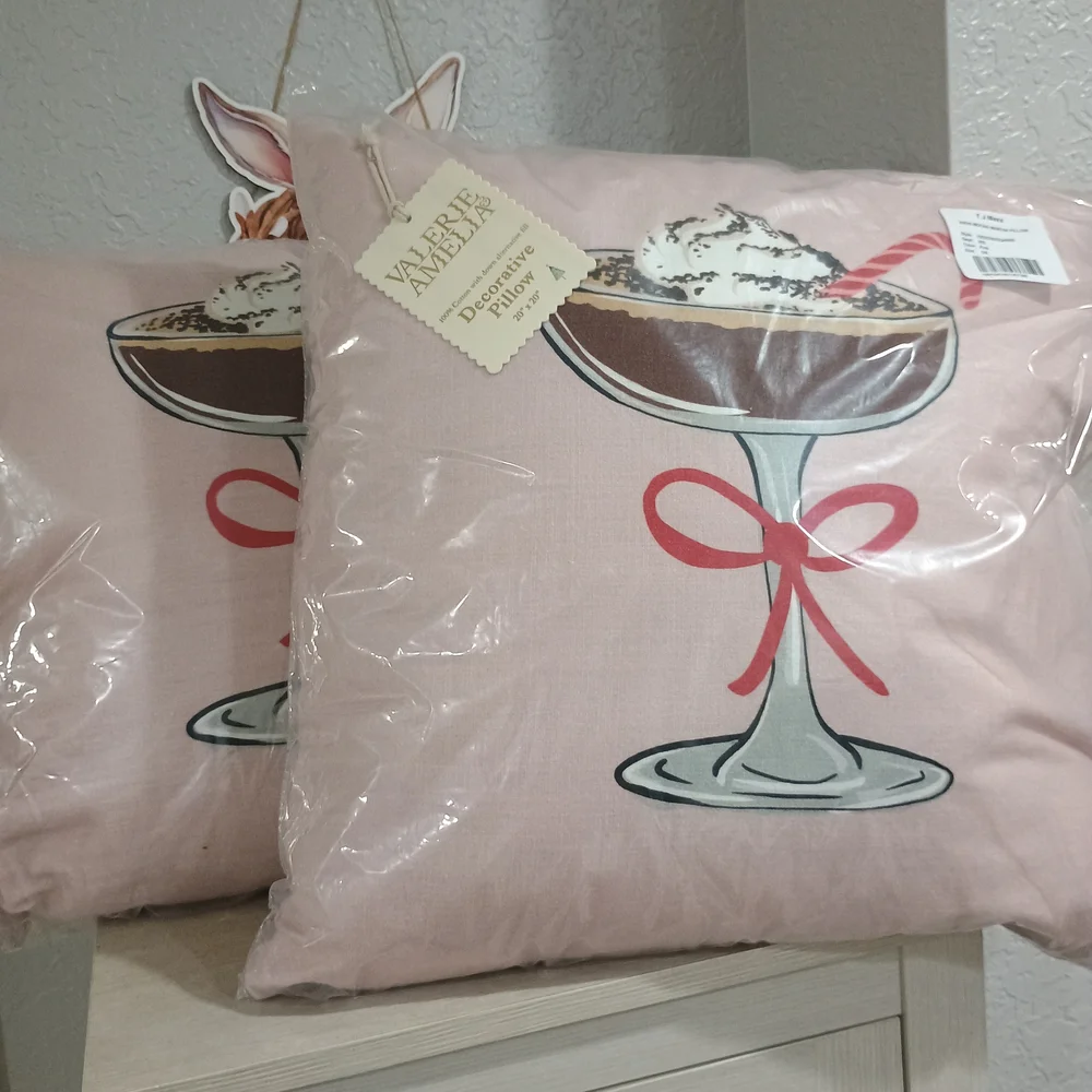 1) Pink Christmas Pillow Chocolate Martini Cocktail Red Bow 20×20 Valerie Amelia